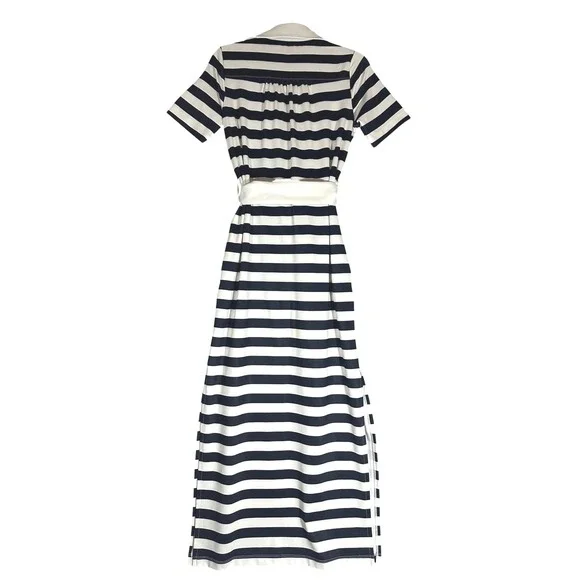 Dudley Stephens Madaket Maxi in Navy Cabana Stripe Sz S Belted Polo Collar Luxe - Picture 3 of 13